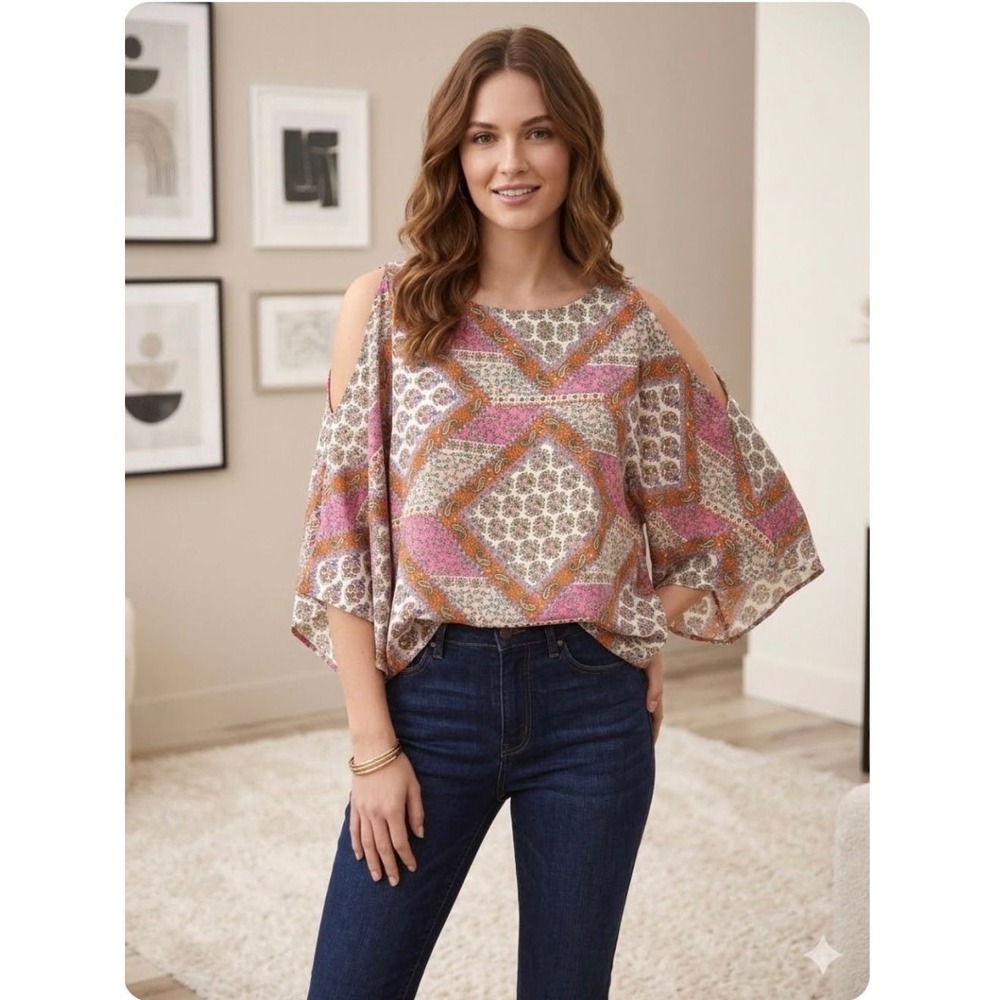 Millenium Cold Shoulder Poncho Blouse Womens 3X Pink Paisley Patchwork Top Boho